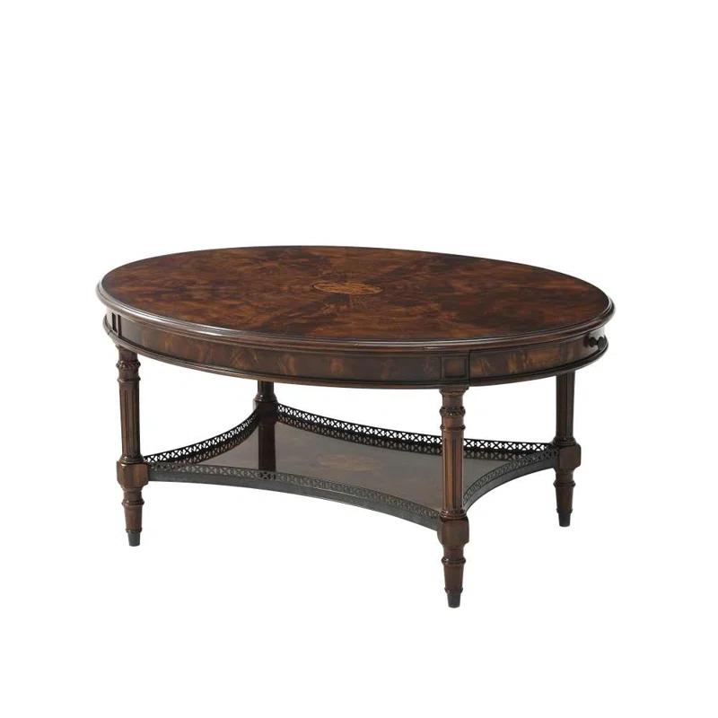 Oval Mahogany Wood Coffee Table with Storage and Brass Handles