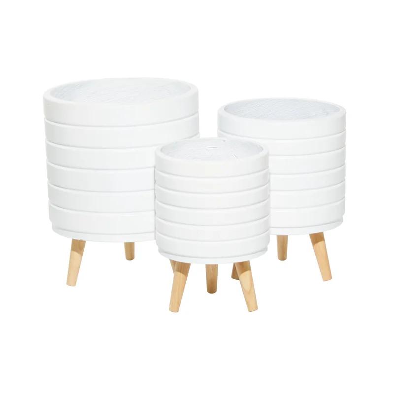 Set of 3 White Fiber Clay Etched Planters with Wooden Tripod Stand