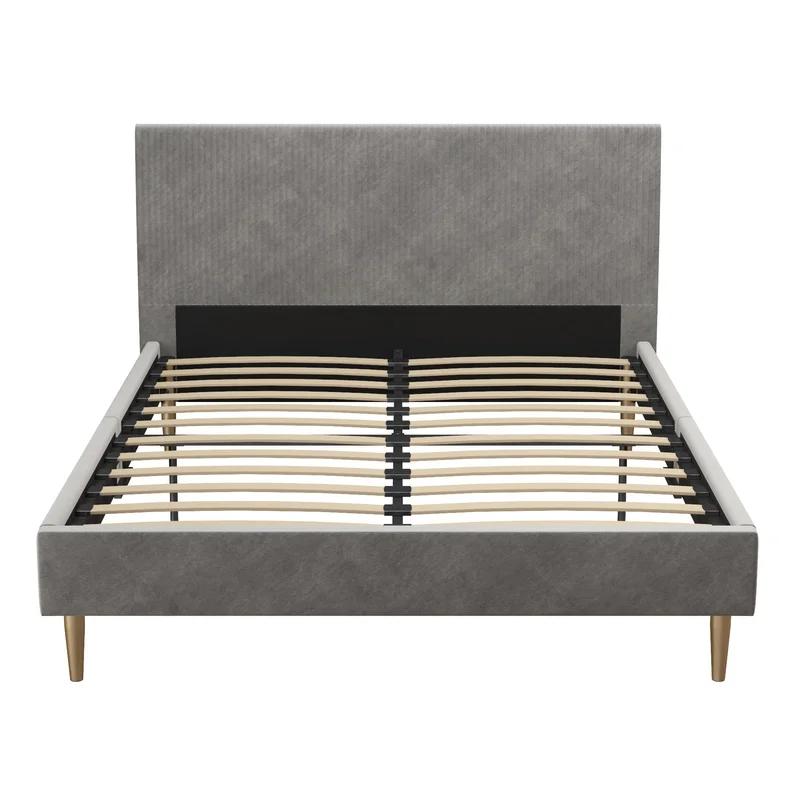 Daphne Light Gray Velvet Upholstered Bed with Brass Toned Legs