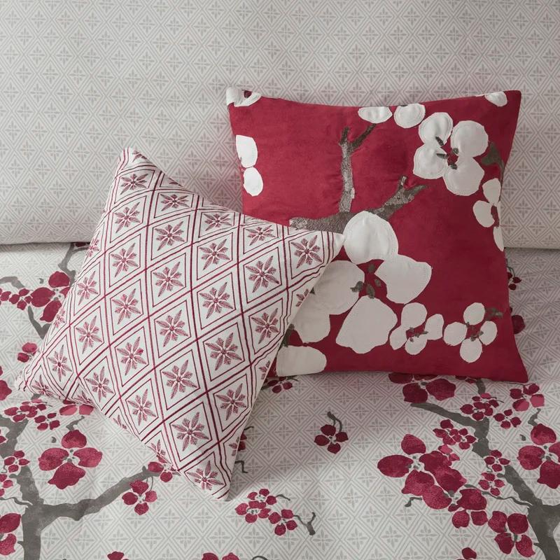Elegant Cherry Blossom Embroidered Square Throw Pillow, 18x18