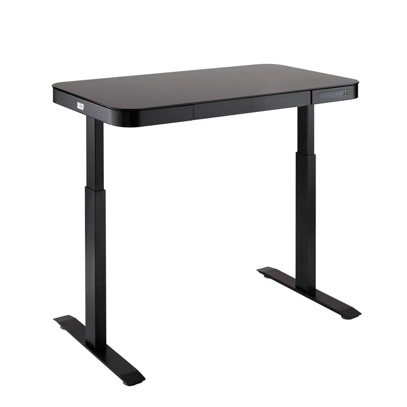 Black Adjustable Height Glass Standing Desk with USB Port and Drawer