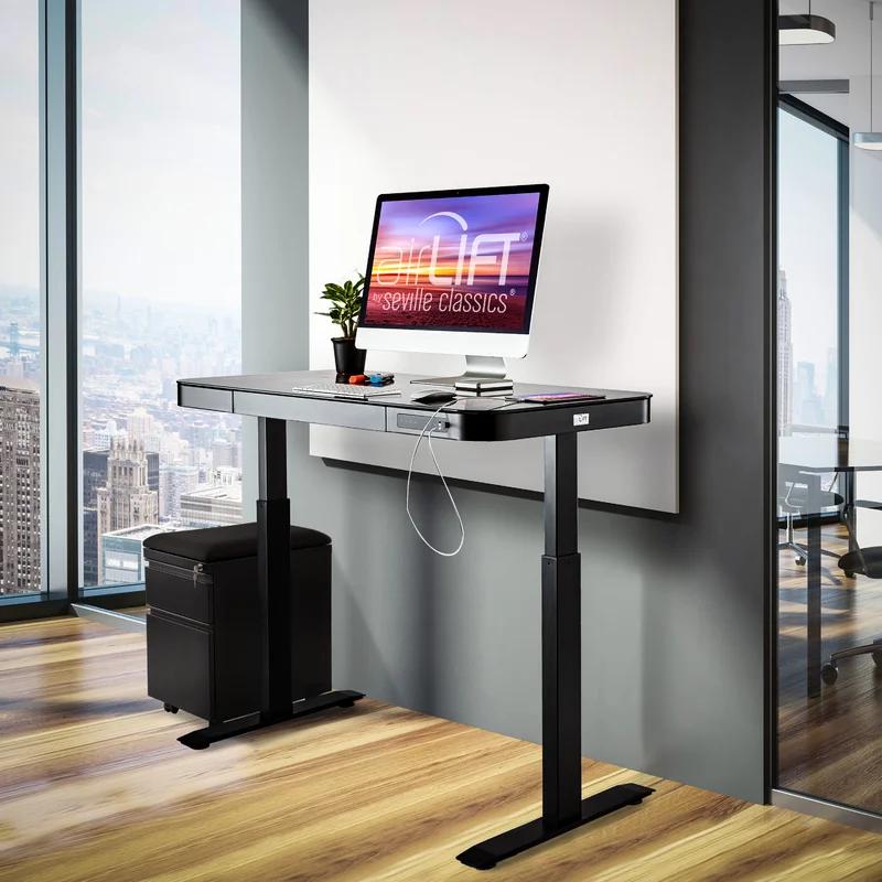 Black Adjustable Height Glass Standing Desk with USB Port and Drawer