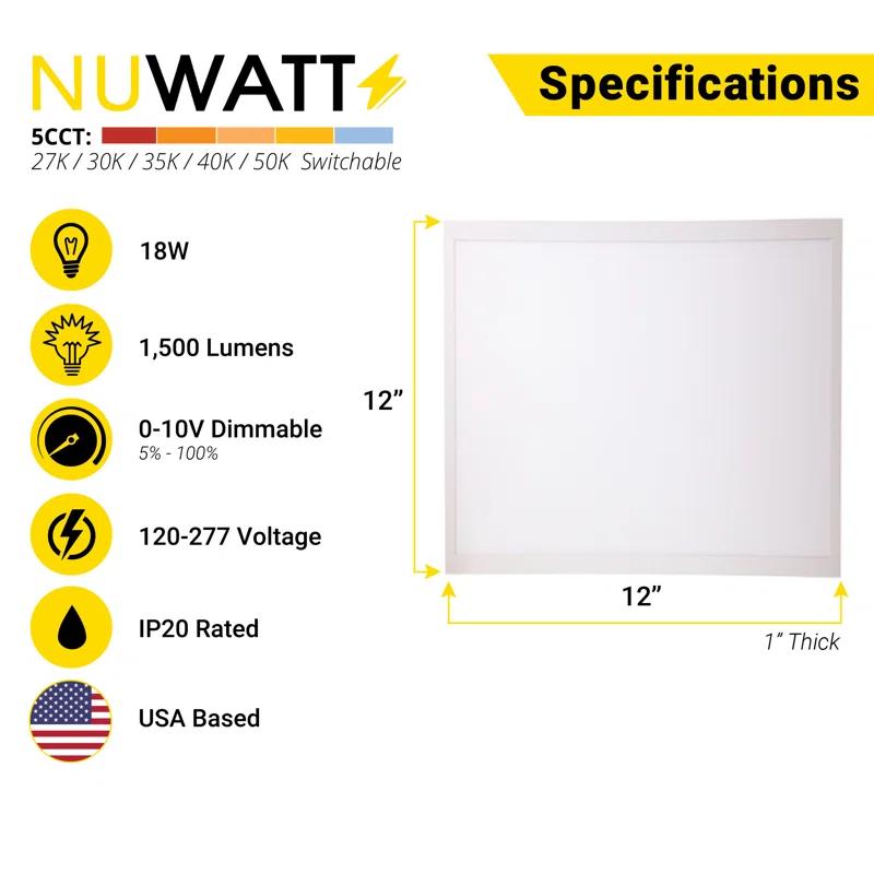 NUWATT NUWATT 4 Pack, 1x1 Flat Panel LED Square Light, 5CCT 2700K/3000K/3500K/4000K/5000K Selectable, 1500LM 18W, Internal Driver, Dimmable, 120V, CRI90, 12" Inch Square Surface Mount Ceiling Light, 1" Thick (Set of 4)