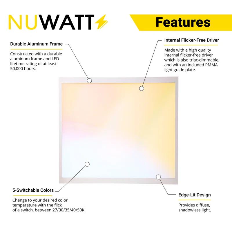 NUWATT NUWATT 4 Pack, 1x1 Flat Panel LED Square Light, 5CCT 2700K/3000K/3500K/4000K/5000K Selectable, 1500LM 18W, Internal Driver, Dimmable, 120V, CRI90, 12" Inch Square Surface Mount Ceiling Light, 1" Thick (Set of 4)