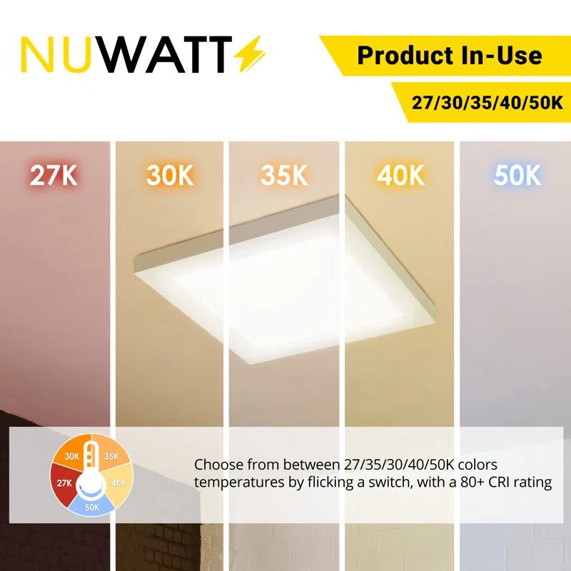 NUWATT NUWATT 4 Pack, 1x1 Flat Panel LED Square Light, 5CCT 2700K/3000K/3500K/4000K/5000K Selectable, 1500LM 18W, Internal Driver, Dimmable, 120V, CRI90, 12" Inch Square Surface Mount Ceiling Light, 1" Thick (Set of 4)