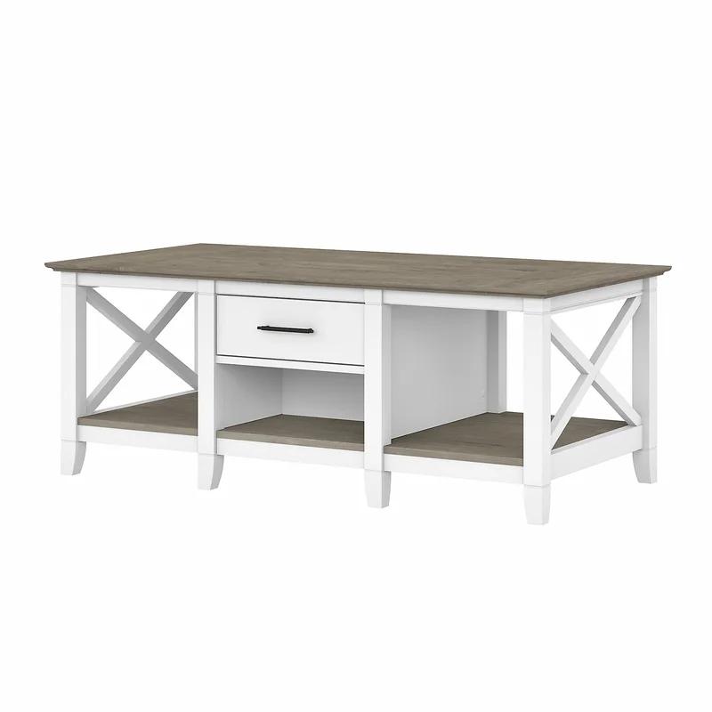 Modern Farmhouse Rectangular Coffee Table with Storage in Shiplap Gray & Pure White
