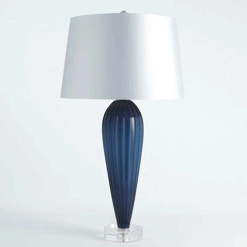 Elegant Teardrop Blue Glass Table Lamp with White Linen Shade