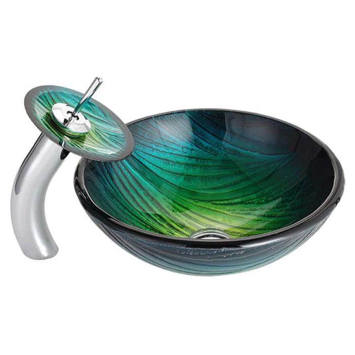 Kraus Nei Glass Bathroom Vessel Sink and Waterfall Faucet Set with Pop-Up Drain
