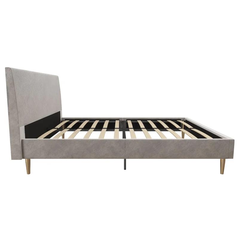 Daphne Light Gray Velvet Upholstered Bed with Brass Toned Legs