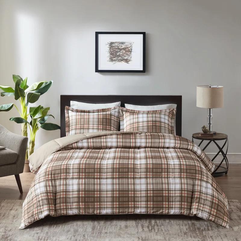 Brown Plaid Full Microfiber Down Alternative Bedspread Set