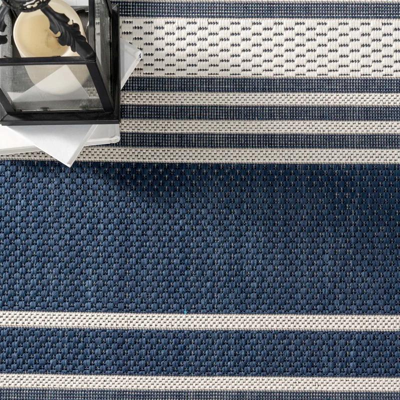 Navy and White Striped Rectangular Synthetic Area Rug