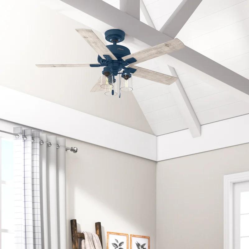 Hartland Indigo Blue 44" LED Ceiling Fan with 5 Light Gray Oak Blades