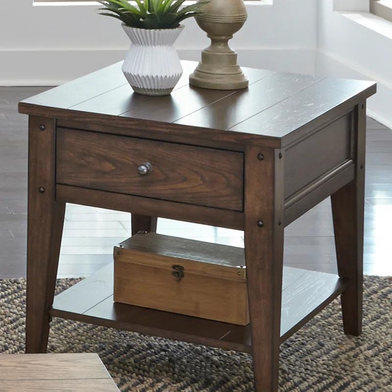 Rustic Brown Oak Rectangular Wood End Table with Storage