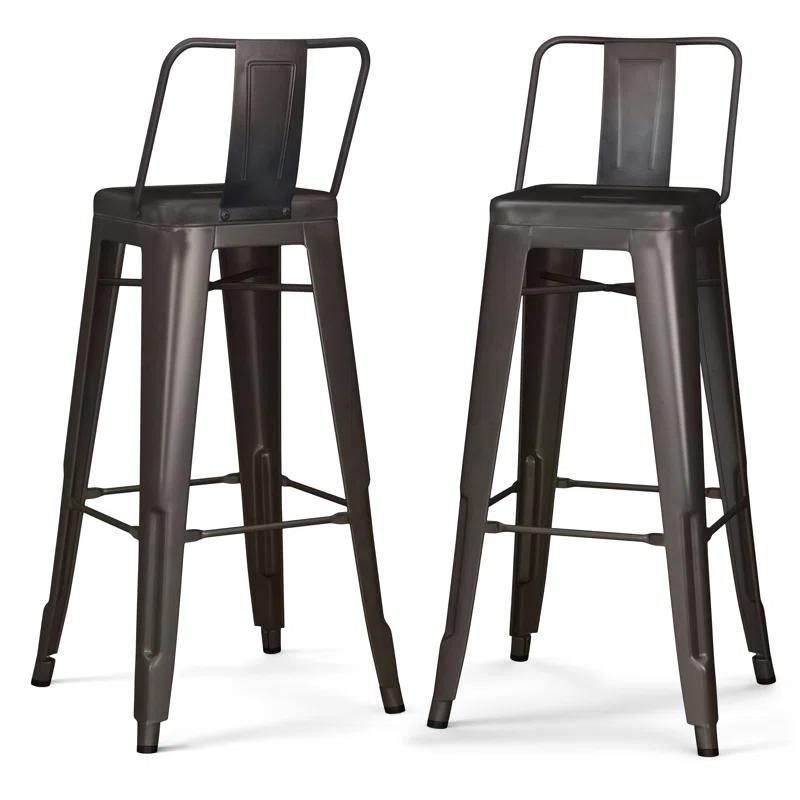 Simpli Home Rayne Metal Industrial Stool with Curved Back, Cross-Brace, and Footrest