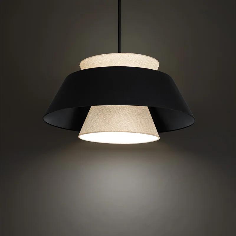 Rena Matte Black Aluminum LED Drum Pendant with Beige Fabric Shade