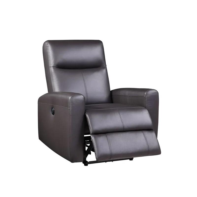 Compact Elegance Brown Top Grain Leather Recliner with Wood Accents