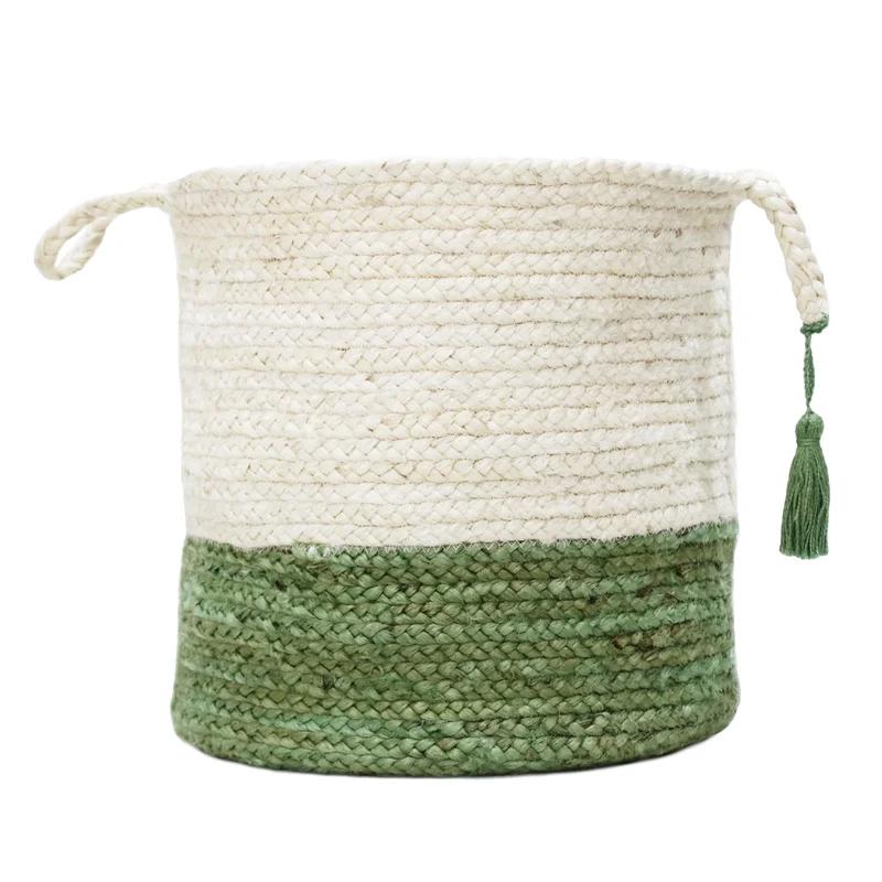 Eco-Friendly Cream & Moss Green Jute Round Storage Basket - 17"