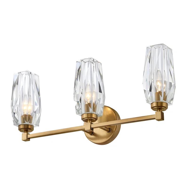 Hinkley Ana 3-Light Bath Vanity w/ Faceted Heavy-Cut Diamond-Shaped Crystal Shades - Heritage Brass