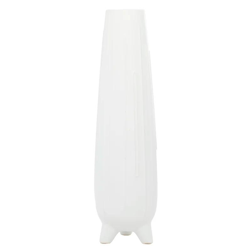 Elevated White Ceramic Teardrop Vase with Vertical Grooves