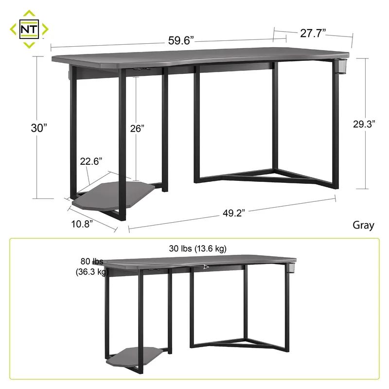 ErgoQuest Gray Gaming Desk with USB, Cup Holder & Headphone Hook