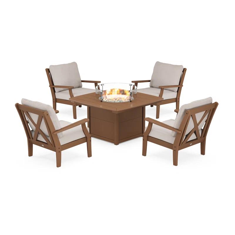 Braxton Teak & Dune Burlap 5-Piece Outdoor Seating Set with Fire Pit