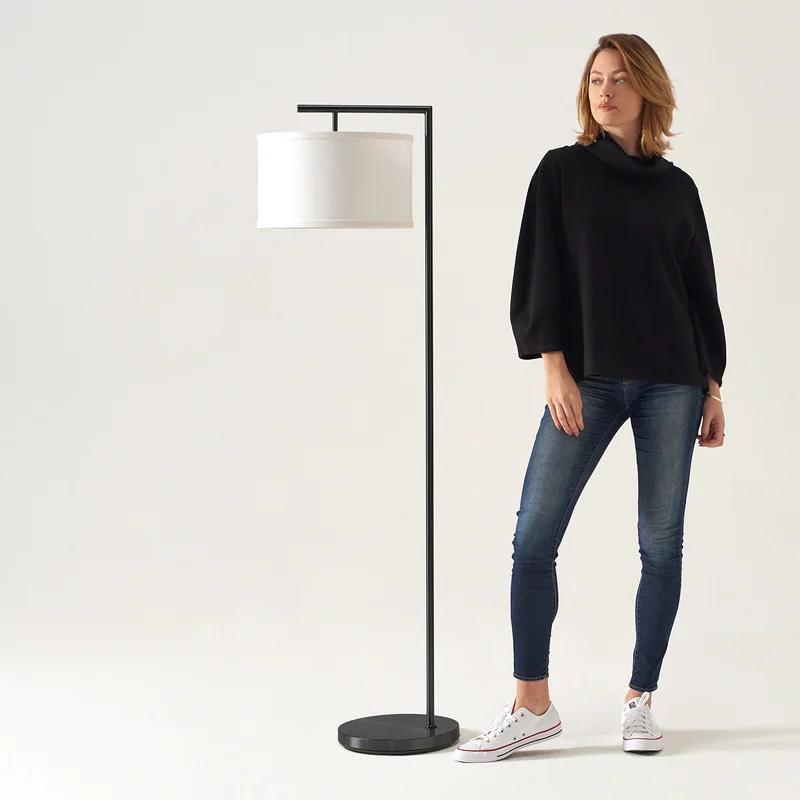 Black 60 in. LED Floor Lamp with Fabric Drum Shade