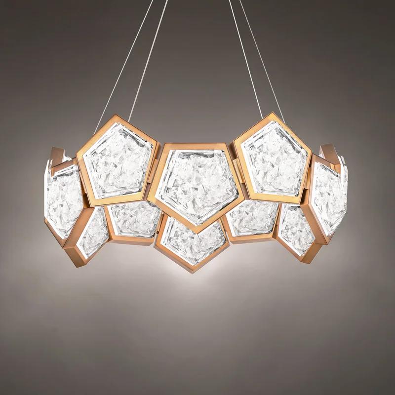 Aged Brass Geometric LED Chandelier with Reclaimed Crystal
