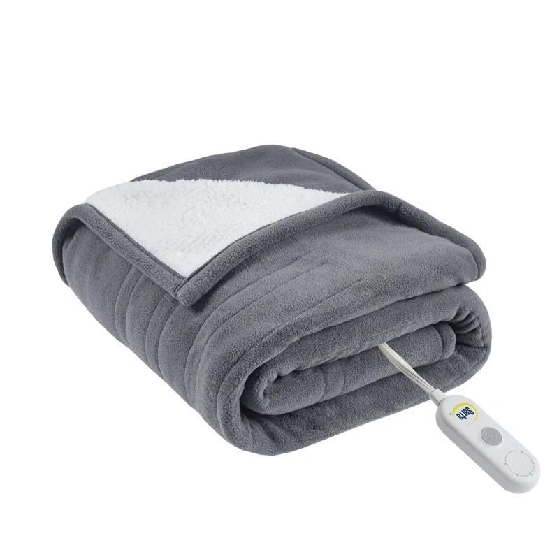 Cozy Comfort Dark Grey Fleece to Sherpa Reversible Heated Throw