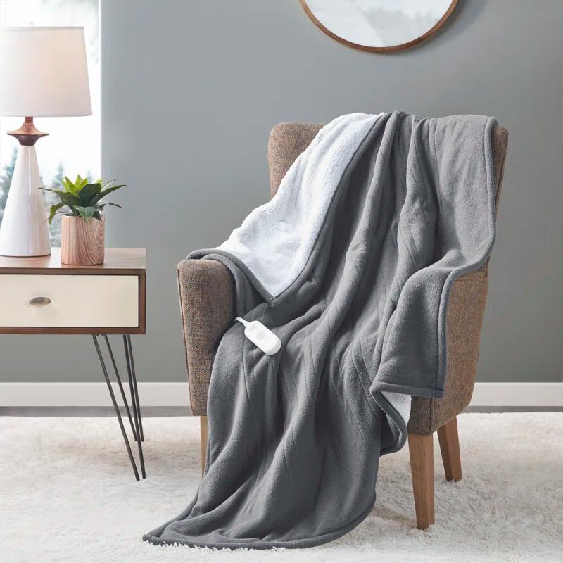 Cozy Comfort Dark Grey Fleece to Sherpa Reversible Heated Throw