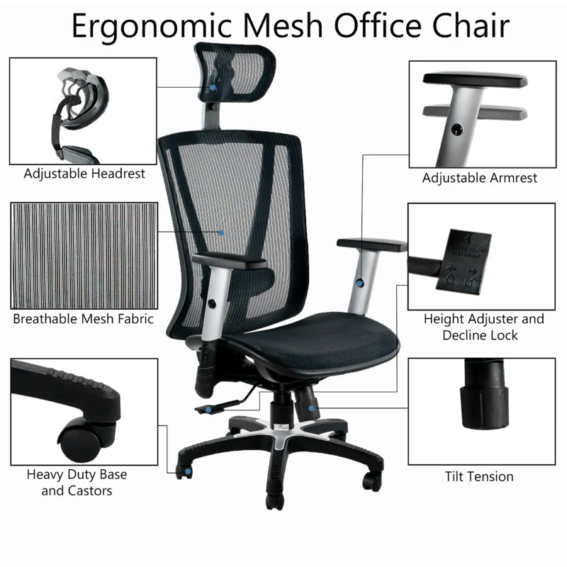 ErgoFlex Executive High-Back Black Mesh Swivel Chair with Adjustable Arms