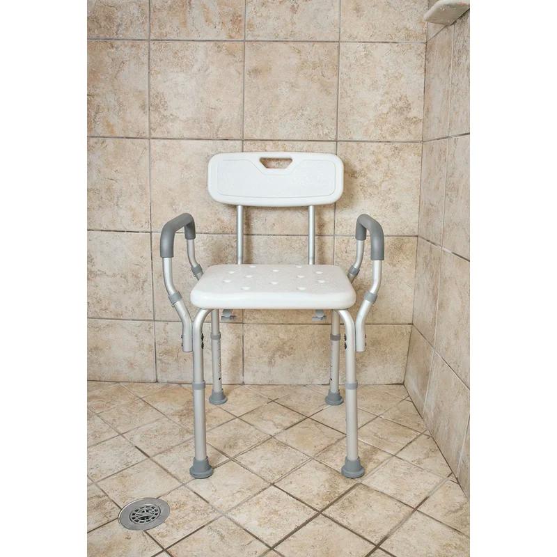 Height Adjustable White Plastic Shower Bench with Padded Arms