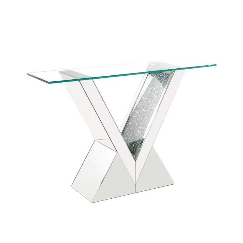 Zoomie Kids Buren Glam 47"L Console Table with V-Shape Base in Mirrored & Faux Diamonds