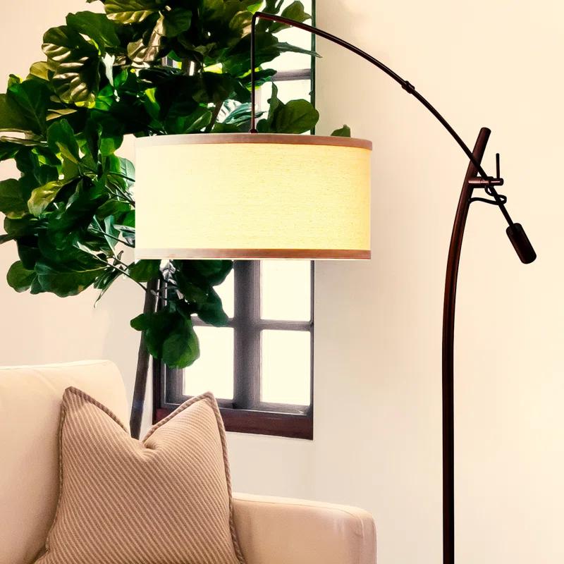 Brightech Grayson 84" Mid-Century Modern Height-Adjustable LED Arc Floor Lamp with Bronze Finish and Beige Cotton Fabric Drum Shade, Bulb Included
