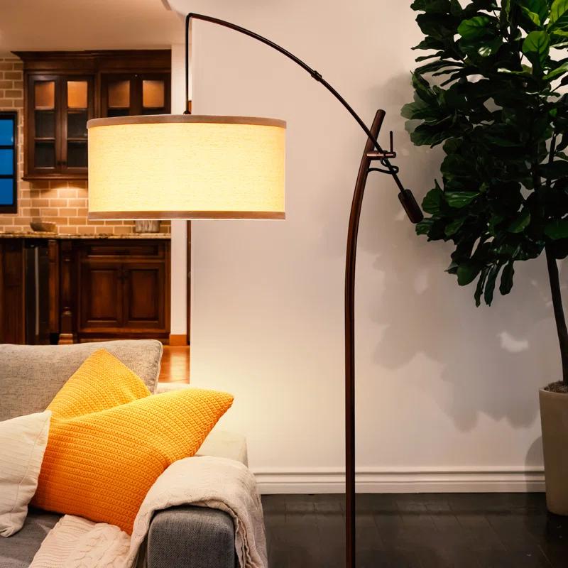 Brightech Grayson 84" Mid-Century Modern Height-Adjustable LED Arc Floor Lamp with Bronze Finish and Beige Cotton Fabric Drum Shade, Bulb Included