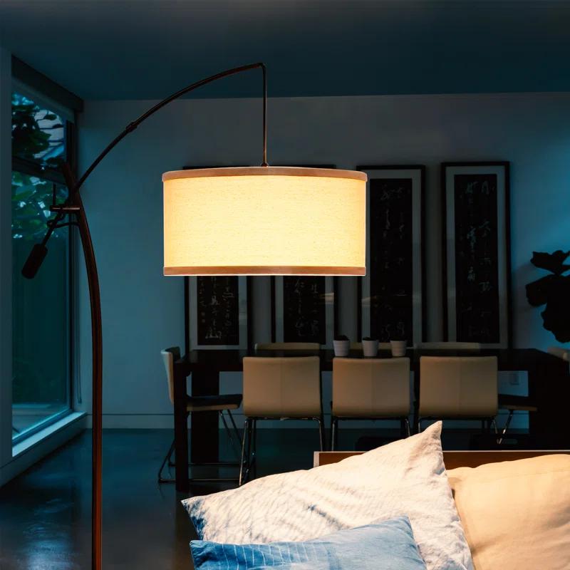 Brightech Grayson 84" Mid-Century Modern Height-Adjustable LED Arc Floor Lamp with Bronze Finish and Beige Cotton Fabric Drum Shade, Bulb Included