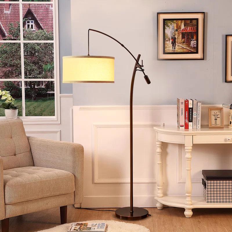 Brightech Grayson 84" Mid-Century Modern Height-Adjustable LED Arc Floor Lamp with Bronze Finish and Beige Cotton Fabric Drum Shade, Bulb Included