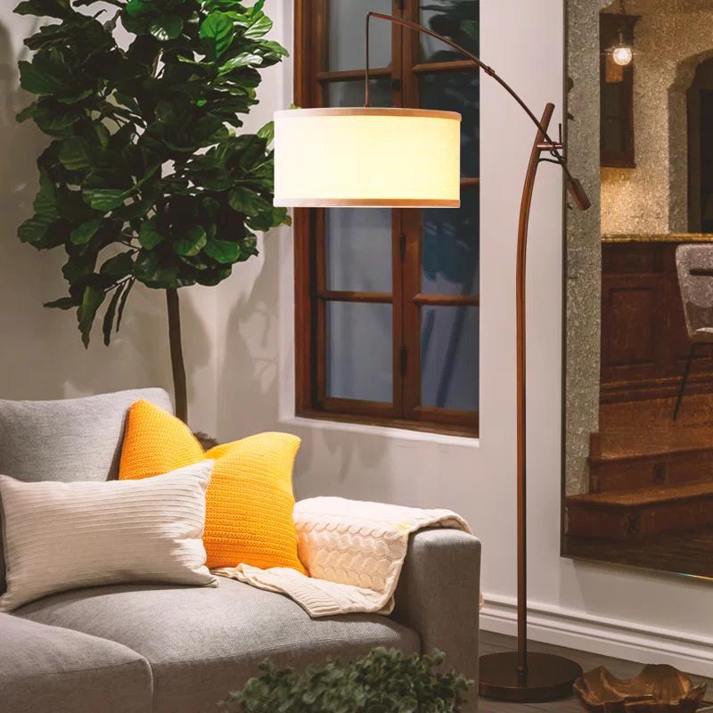 Brightech Grayson 84" Mid-Century Modern Height-Adjustable LED Arc Floor Lamp with Bronze Finish and Beige Cotton Fabric Drum Shade, Bulb Included