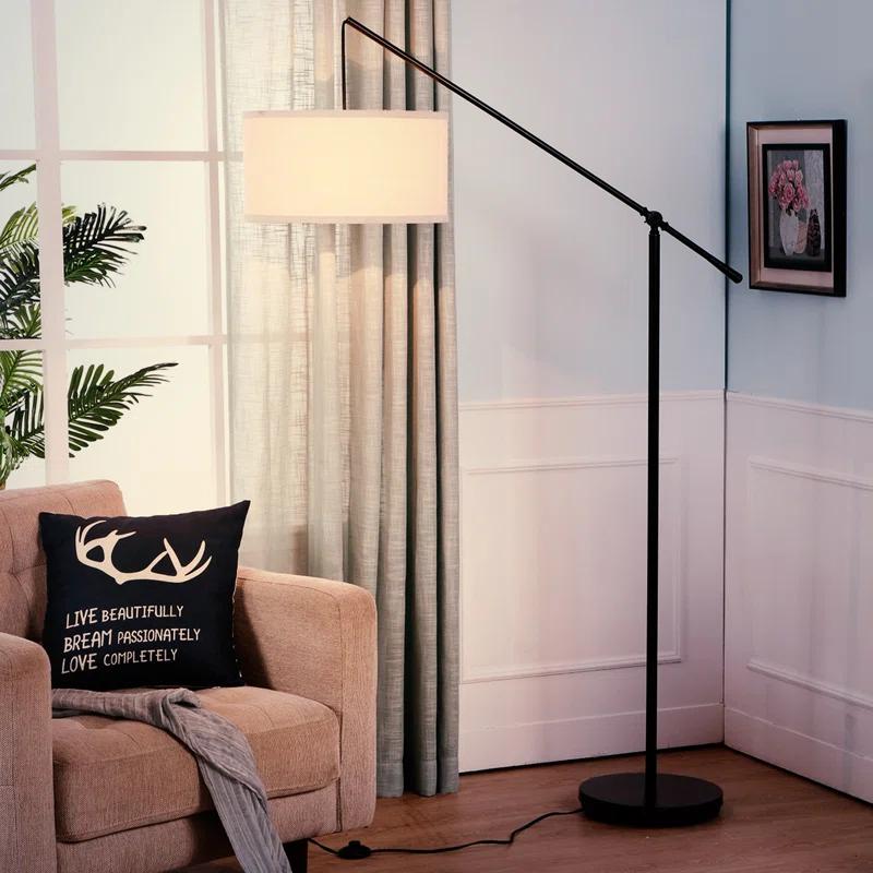 Brightech Hudson 70 in. Modern Height Adjustable LED Floor Lamp with Beige Fabric Drum Shade