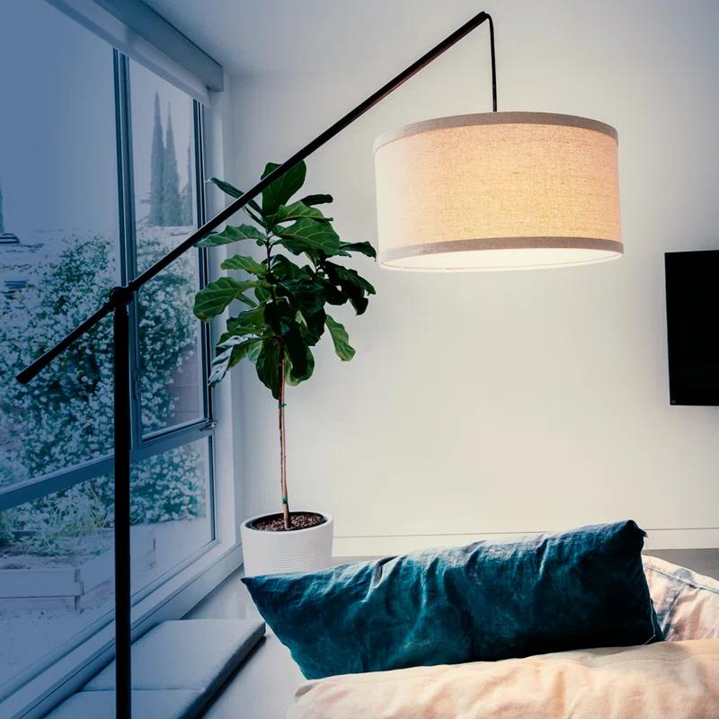 Brightech Hudson 70 in. Modern Height Adjustable LED Floor Lamp with Beige Fabric Drum Shade