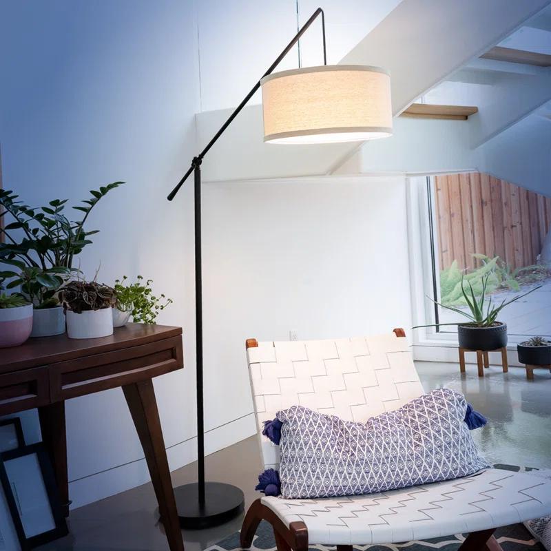 Brightech Hudson 70 in. Modern Height Adjustable LED Floor Lamp with Beige Fabric Drum Shade