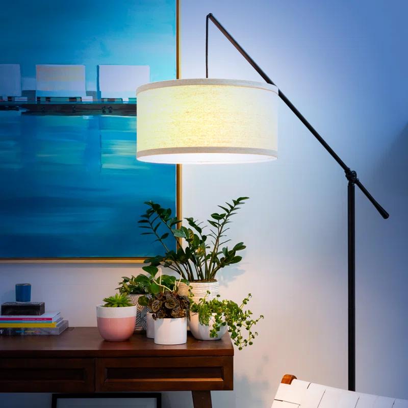 Brightech Hudson 70 in. Modern Height Adjustable LED Floor Lamp with Beige Fabric Drum Shade