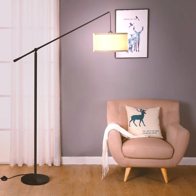 Brightech Hudson 70 in. Modern Height Adjustable LED Floor Lamp with Beige Fabric Drum Shade