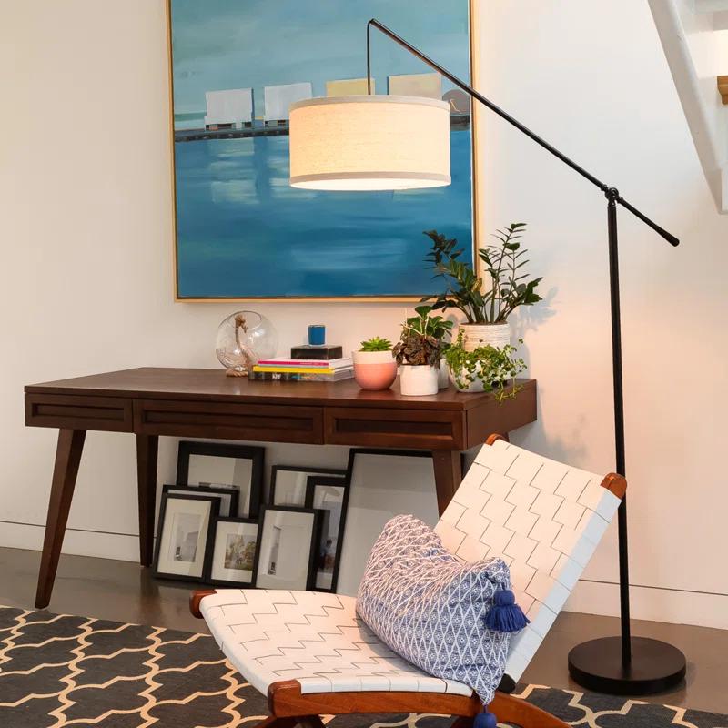 Brightech Hudson 70 in. Modern Height Adjustable LED Floor Lamp with Beige Fabric Drum Shade