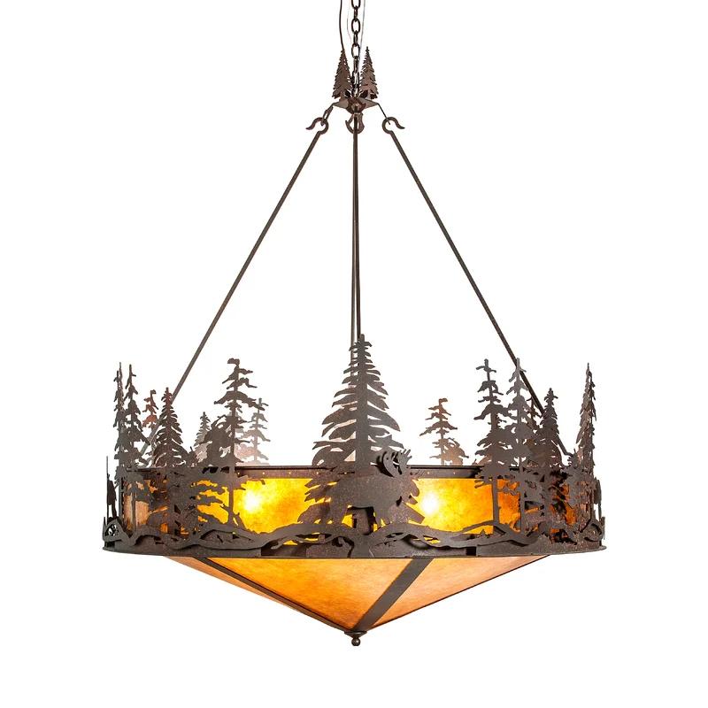 Rustic Nail 6-Light Moose & Pine Globe Pendant with Amber Mica Shade