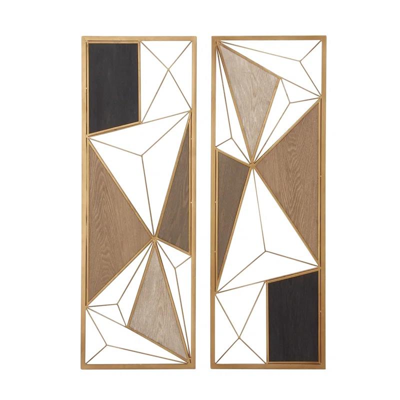 Modern Geometric Brown and Gold Metal & Wood Wall Decor Set