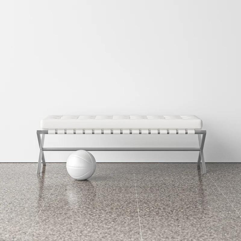 Elegant Auguste X-Frame Tufted Bench in White Naugahyde and Brushed Silver