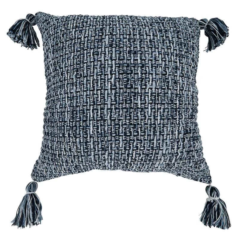 Navy Blue 22" Cotton Woven Tassel Throw Pillow