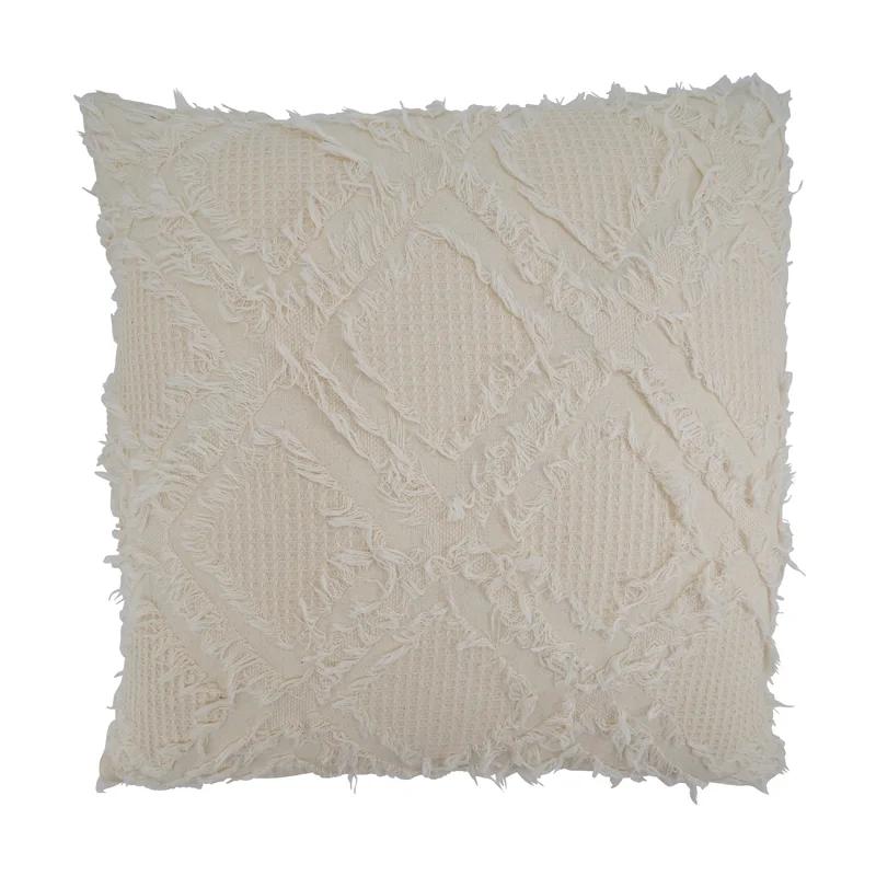 Ivory Fringe Waffle Weave 19.5'' Cotton Euro Pillow Cover