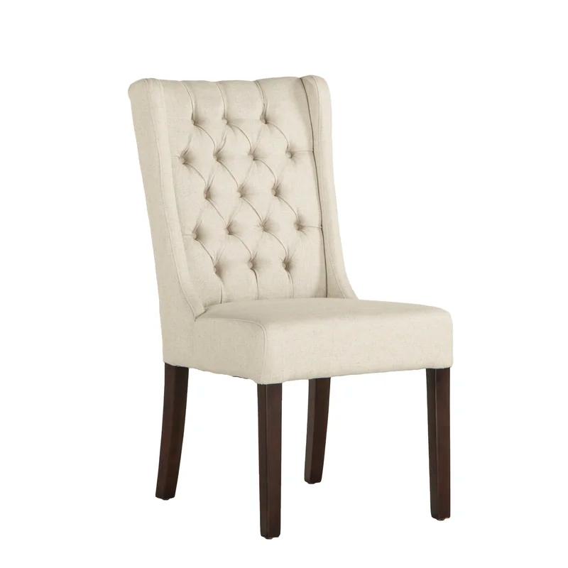 High Back Off-White Linen Upholstered Dining Chair with Dark Walnut Legs