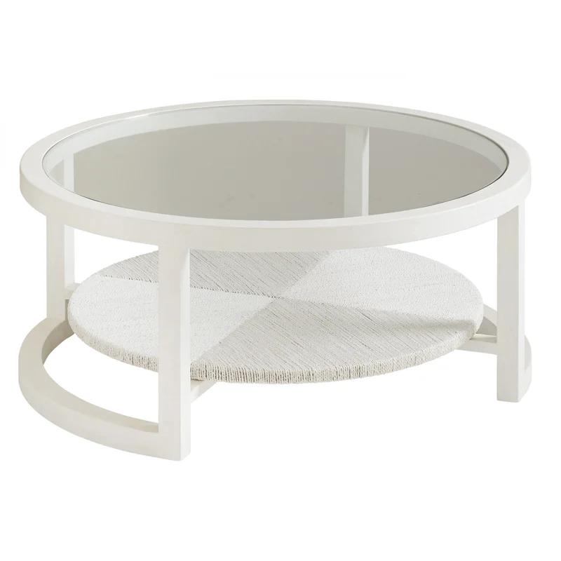 Transitional Shell White Round Cocktail Table with Glass & Wood Accents